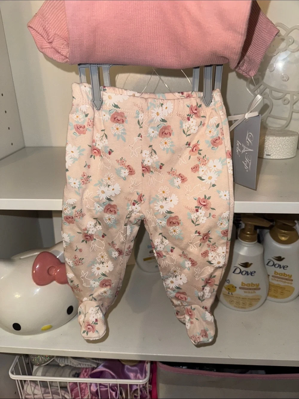 Le Top Pink Ribbed Baby One-Piece with Floral Footed Pants & Bow